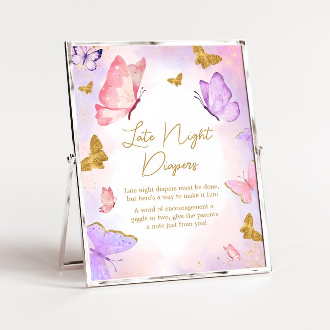Poster Borboleta Dourada rosa púrpura Fraldas noturnas ta (Boho Butterfly Baby Shower Late Night Diapers Sign)