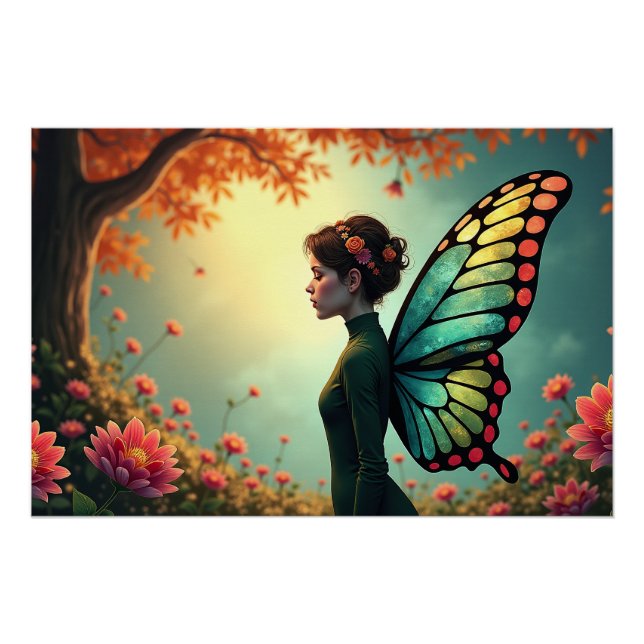 Póster Borboleta - Fada Whimsical em um Jardim (Frente)