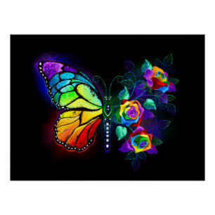 Póster Borboleta-flor-arco-íris
