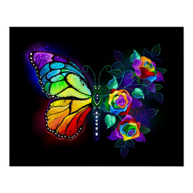 Póster Borboleta-flor-arco-íris (Frente)