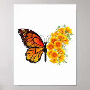 Poster Borboleta Flor com Amapola da Califórnia Amarela