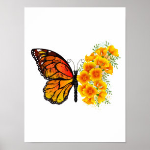Poster Borboleta Flor com Amapola da Califórnia Amarela