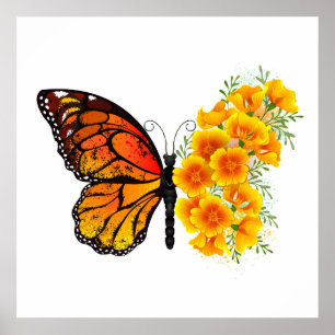 Poster Borboleta Flor com Papagaio Amarelo da Califórnia