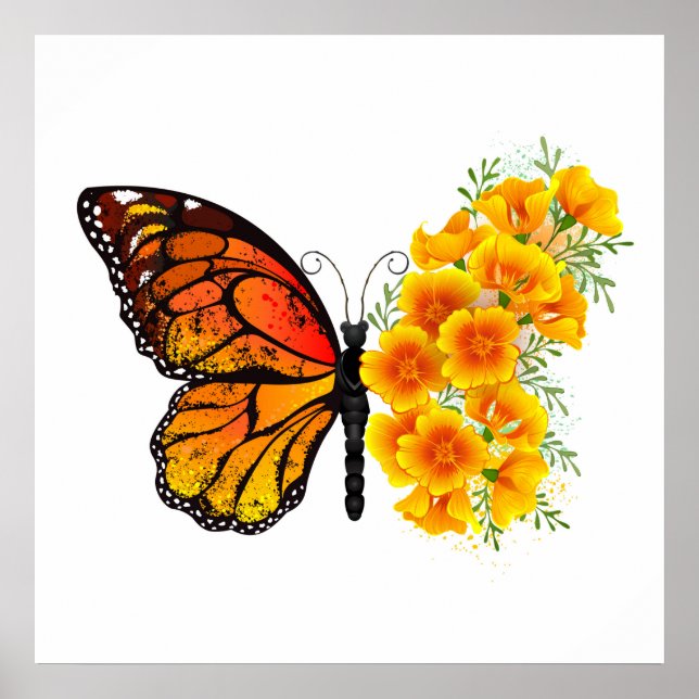 Poster Borboleta Flor com Papagaio Amarelo da Califórnia (Frente)