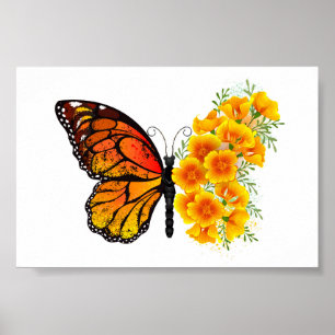 Poster Borboleta Flor com Papagaio Amarelo da Califórnia