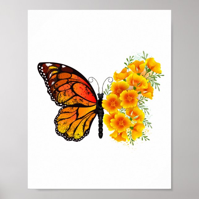 Poster Borboleta Flor com Papagaio Amarelo da Califórnia (Frente)