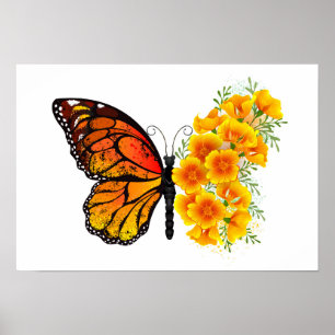 Poster Borboleta Flor com Papagaio Amarelo da Califórnia