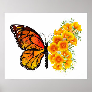 Poster Borboleta Flor com Papagaio Amarelo da Califórnia