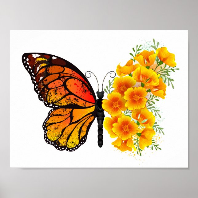 Poster Borboleta Flor com Papagaio Amarelo da Califórnia (Frente)