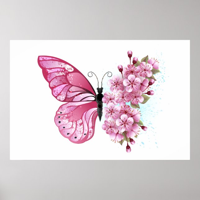 Poster Borboleta Flor com Sakura Rosa (Frente)