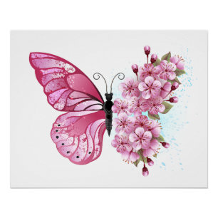 Póster Borboleta Flor com Sakura Rosa