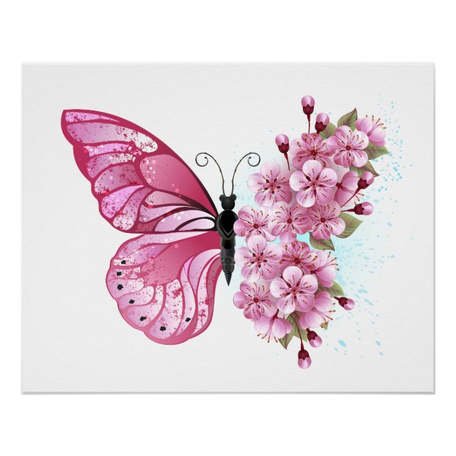 Póster Borboleta Flor com Sakura Rosa (Frente)