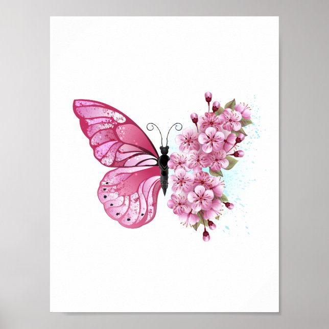 Poster Borboleta Flor com Sakura Rosa (Frente)