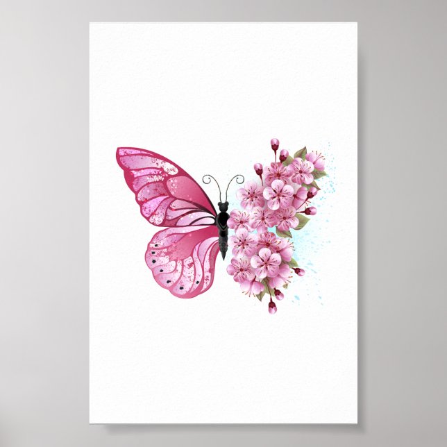 Poster Borboleta Flor com Sakura Rosa (Frente)