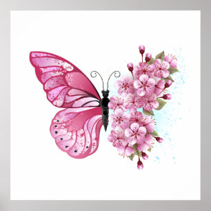 Poster Borboleta Flor com Sakura Rosa