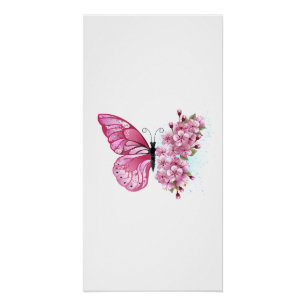 Póster Borboleta Flor com Sakura Rosa