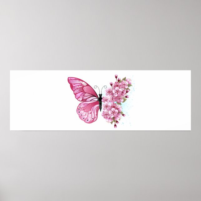 Poster Borboleta Flor com Sakura Rosa (Frente)