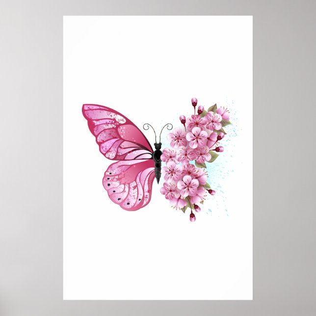 Poster Borboleta Flor com Sakura Rosa (Frente)