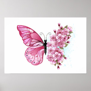 Poster Borboleta Flor com Sakura Rosa