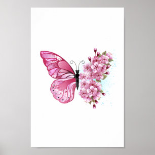 Poster Borboleta Flor com Sakura Rosa