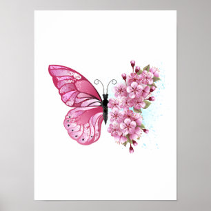 Poster Borboleta Flor com Sakura Rosa