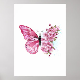 Poster Borboleta Flor com Sakura Rosa
