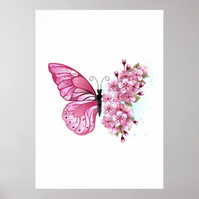 Poster Borboleta Flor com Sakura Rosa (Frente)