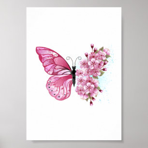 Poster Borboleta Flor com Sakura Rosa