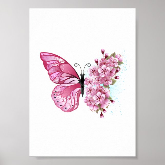 Poster Borboleta Flor com Sakura Rosa (Frente)