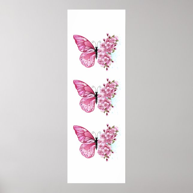 Poster Borboleta Flor com Sakura Rosa (Frente)