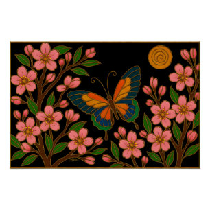 Póster Borboleta Flor de Cerejeira Lua