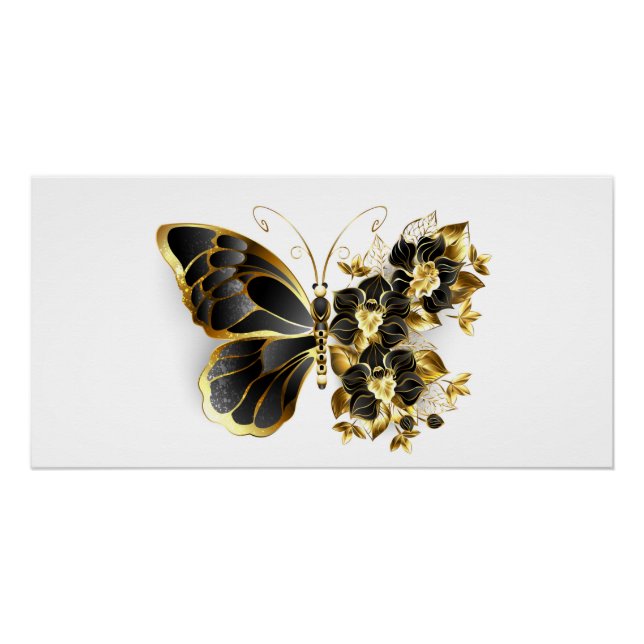 Póster Borboleta Flor de Ouro com Orquídea Preta (Frente)
