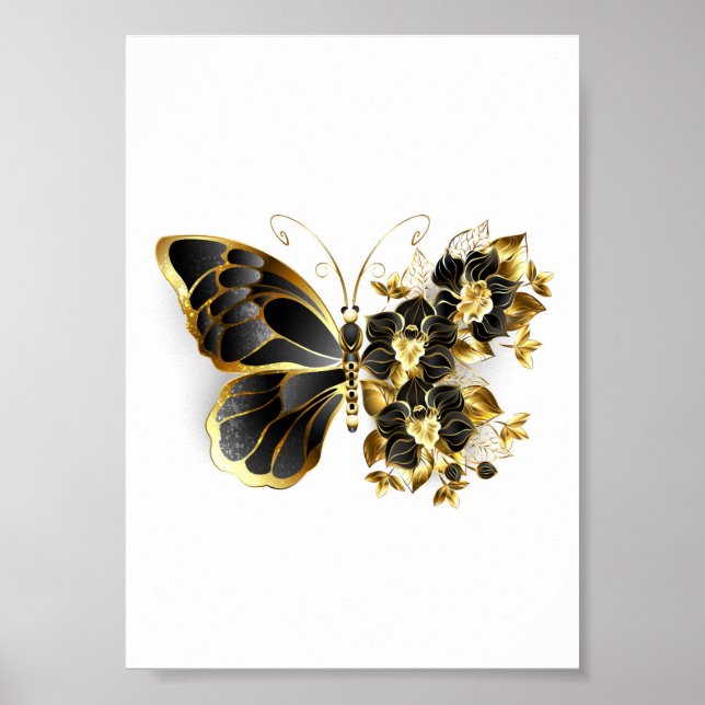 Poster Borboleta Flor de Ouro com Orquídea Preta (Frente)