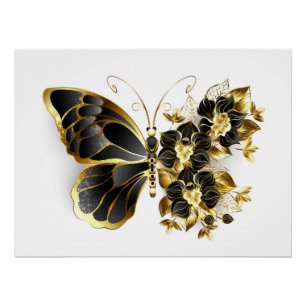 Póster Borboleta Flor de Ouro com Orquídea Preta