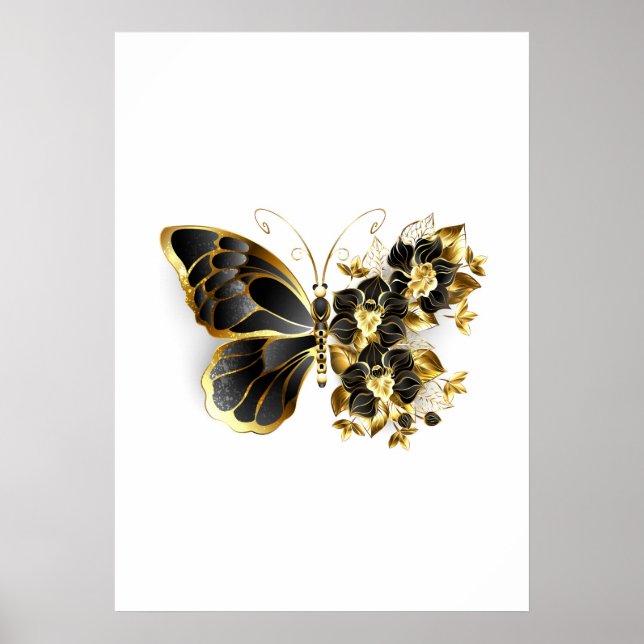 Poster Borboleta Flor Dourada com Orquídea Preta (Frente)