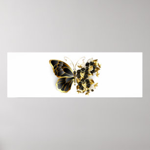Poster Borboleta Flor Dourada com Orquídea Preta