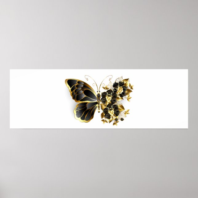 Poster Borboleta Flor Dourada com Orquídea Preta (Frente)