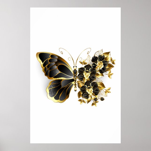 Poster Borboleta Flor Dourada com Orquídea Preta (Frente)