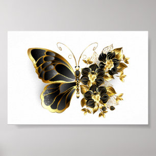Poster Borboleta Flor Dourada com Orquídea Preta