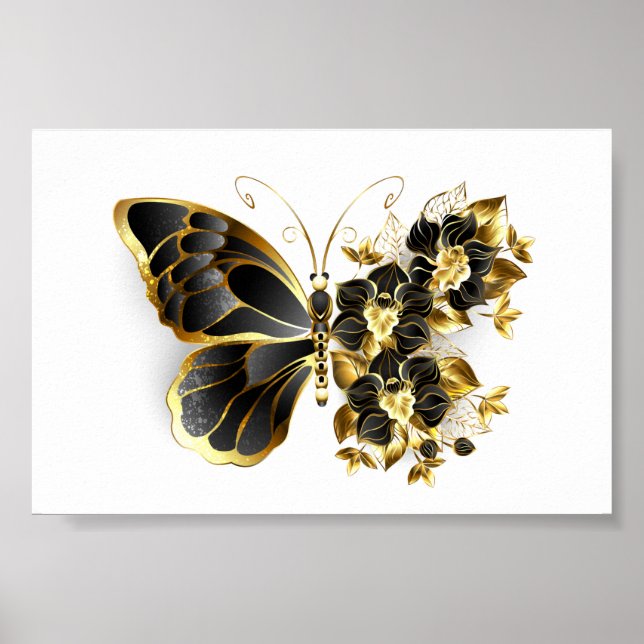 Poster Borboleta Flor Dourada com Orquídea Preta (Frente)