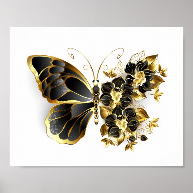 Poster Borboleta Flor Dourada com Orquídea Preta (Frente)