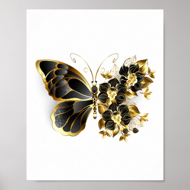Poster Borboleta Flor Dourada com Orquídea Preta (Frente)