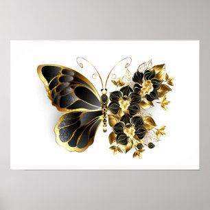 Poster Borboleta Flor Dourada com Orquídea Preta