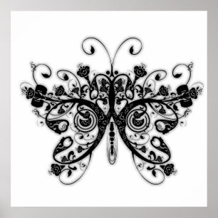 Poster Borboleta floral dos redemoinhos - preto & branco