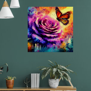 Poster Borboleta Monarca em Rosa roxo no Sunset Floral