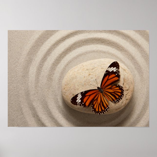 Poster Borboleta Monarca numa Pedra num Jardim Zen (Frente)