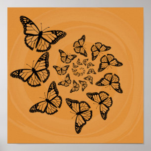 Poster Borboleta Monarca Preta Espiral em Laranja