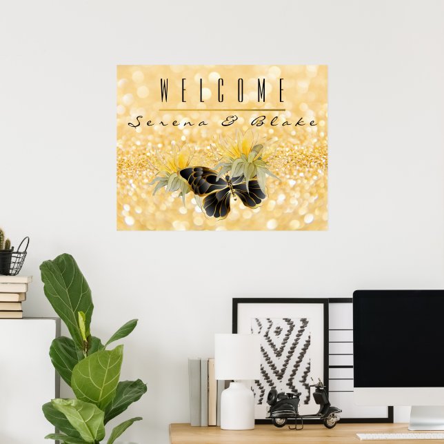 Poster Borboleta Preta de Girassol Elegante Dourada (Escritório em casa)