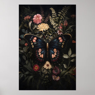 Poster Borboleta preta em jardim de flores escuras, marip