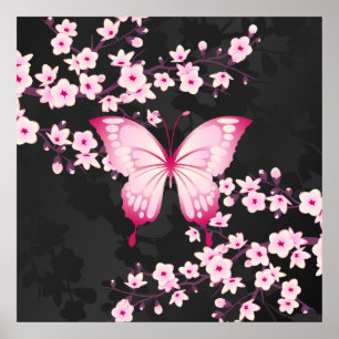 Poster Borboleta Preta Rosa E Flores De Cereja